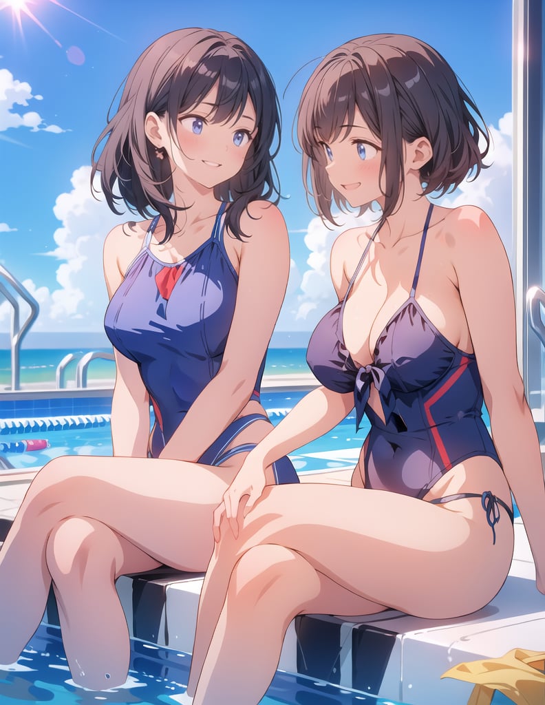 Masterpiece, Top quality, High definition, Artistic composition, 2 girls, smiling, angry, talking, girlish gesture, sitting by the pool, looking away, navy blue swimsuit, looking happy, bold composition