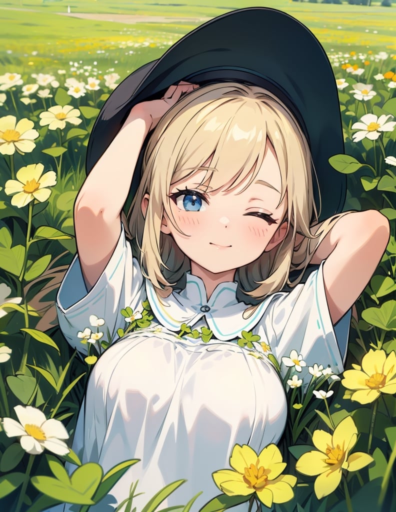 Masterpiece, Top quality, High definition, Artistic composition, 1 girl, lying in clover field, from above, eyes closed, smiling, hands behind head, Dutch angle, upper body, clover flowers, warm, pleasant, resting