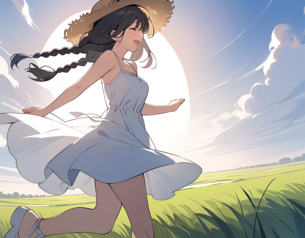 (masterpiece, top quality), high definition, artistic composition, 1 girl, dark hair, sundress, straw hat, running with open arms, open mouth laughing, braids, side view, meadow, dramatic, striking light, bold composition