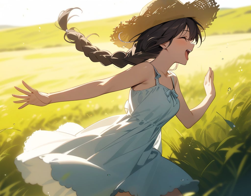 (masterpiece, top quality), high definition, artistic composition, 1 girl, dark hair, sundress, straw hat, running with open hands, open mouth laughing, braids, from side, meadow,