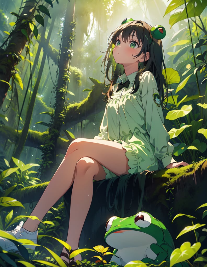 (masterpiece, top quality), high definition, artistic composition, 1 girl, in rainforest forest, wearing green stuffed frog, sitting with legs spread, looking up to heaven, comical, cute, from front