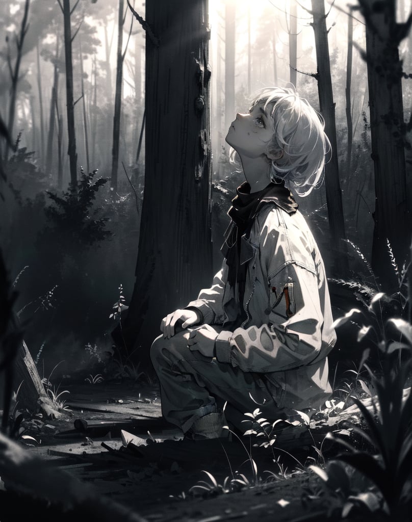 (masterpiece, top quality), high definition, artistic composition, 1 girl, dirty face, sad, tired, looking away, looking up to heaven, hand on shoulder, down on one knee, dirty, shabby clothes, shabby hair, deep in forest, light shining, striking light, spotlight on face, dramatic, high contrast, divine, beautiful nature