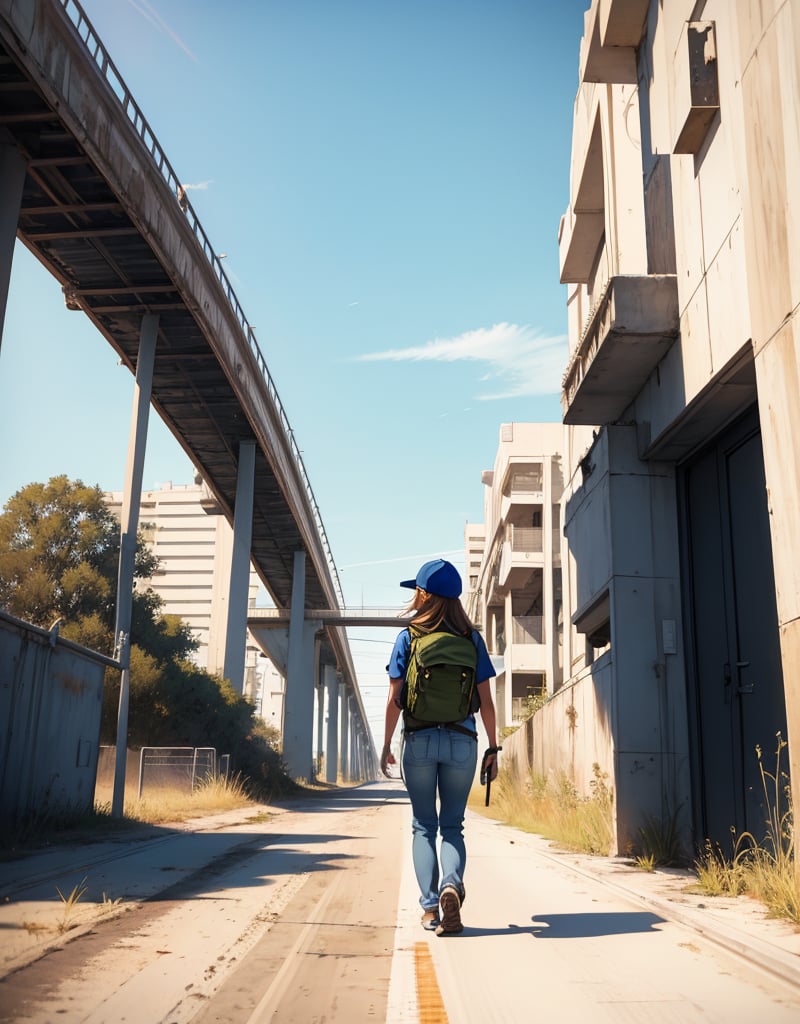 (masterpiece, top quality), high definition, artistic composition, 1 woman, Florida, straight freeway, walking, shimmering, hot, blue sky, perspective, backpacker, khaki cap, wasteland, from behind