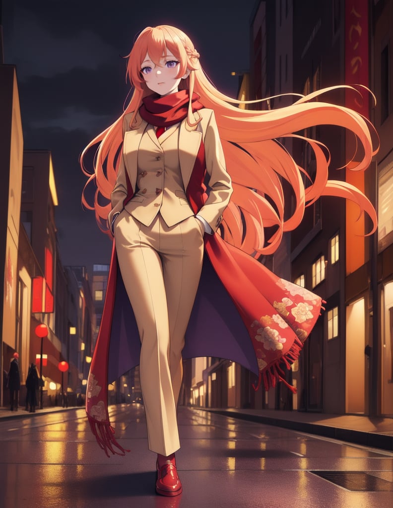 (masterpiece, top quality), high definition, artistic composition, 1 woman, beige three-quarter coat, purple vest, red floral scarf, long blonde hair, flowing eyes, red rouge, walking with hands in pockets, from front, night city