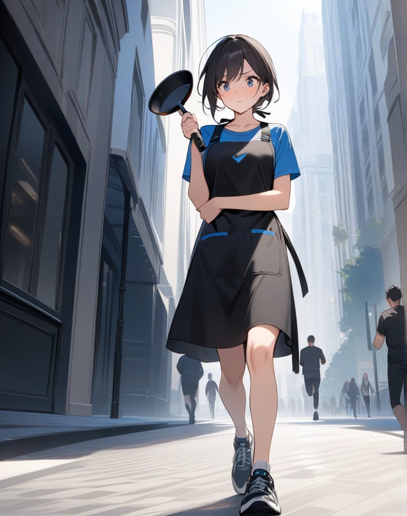 (masterpiece, top quality), high definition, artistic composition, 1 girl, black sportswear, stylish apron, running, frying pan in hand, off balance, panicked, looking away, attention seeking, boulevard, stooping, Dutch angle, troubled