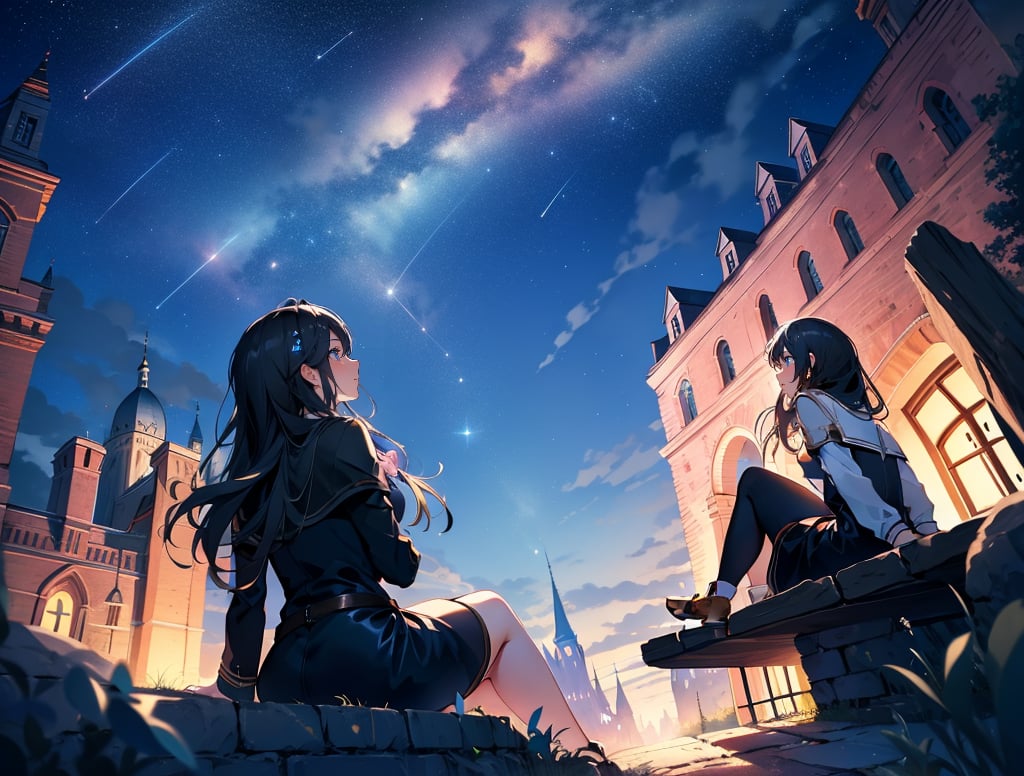 (masterpiece, top quality), high definition, artistic composition, two girls, fantasy, brick structure, two girls sitting, from behind, from below, night, starry sky, wide night sky, shooting star, looking up to the sky, pointing to the sky, fun, bold composition, dramatic, wide shot