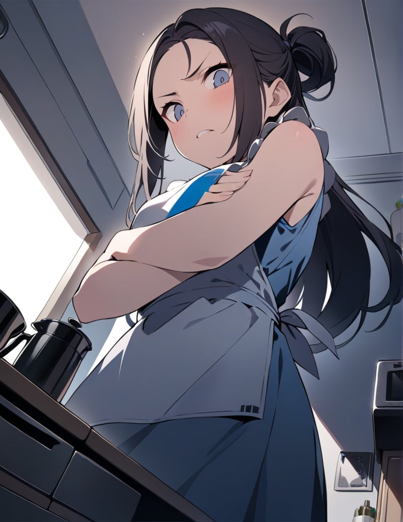 (masterpiece, top quality), high definition, artistic composition, 1 female, dark hair, long hair, from below, arms crossed, scary face staring, backlit, apron, kitchen, hair tied back, Dutch angle, striking light, Angry, Wife.