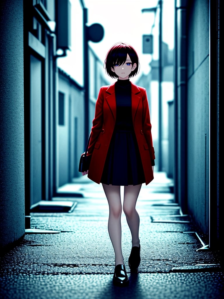 masterpiece, top quality, 1 girl, short hair, red coat, black shirt, white skirt, beige bag, black stockings, black shoes, blue eyes, walking, Japanese back alley, dark, street lamp, ground is wet, scary atmosphere, high definition,<lora:659111690174031528:1.0>