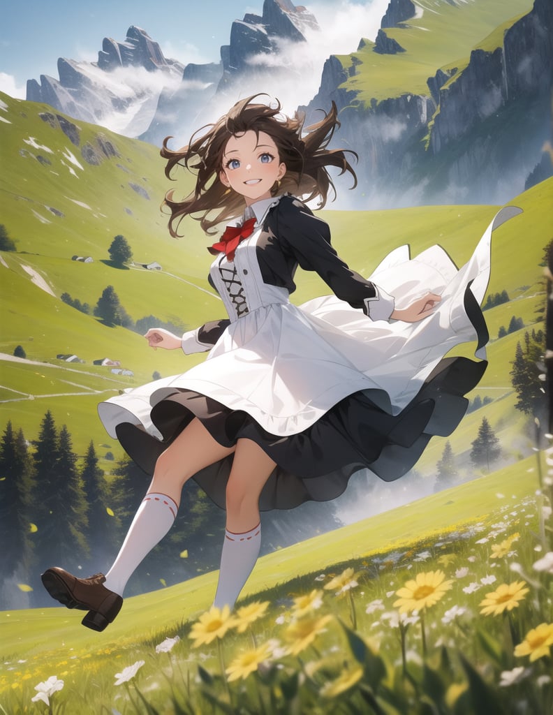 Masterpiece, Top quality, High definition, Artistic composition,1 girl, Swiss mountain pasture, Swiss national dress, Tracht, Appenzell, smiling, running with goats, beautiful nature, mountain slope, energetic, lively, motion blur, bold composition, striking light