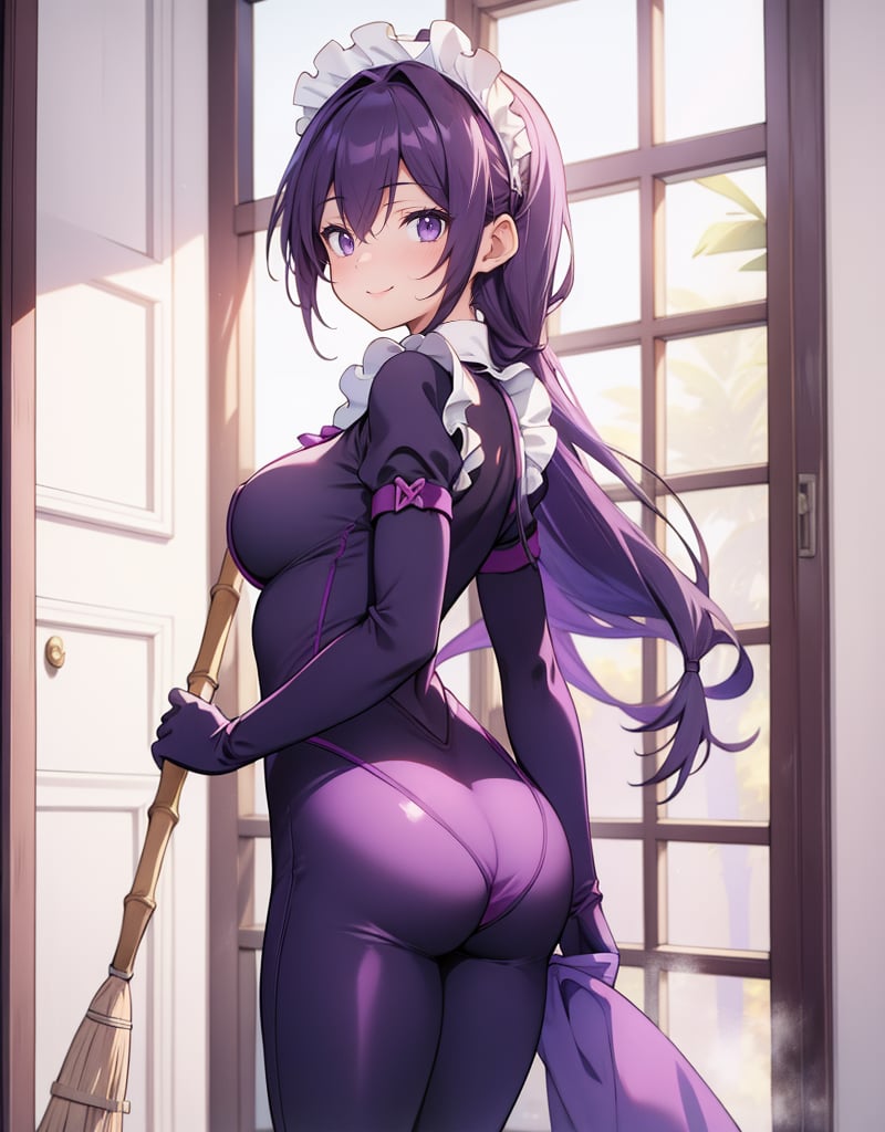 (Masterpiece, Top Quality), High Definition, Artistic Composition, 1 girl, anime, purple maid outfit, cleaning with bamboo broom, doorway, open door, morning sun, backlight, catsuit, gentle smile, dramatic, wide shot, from front