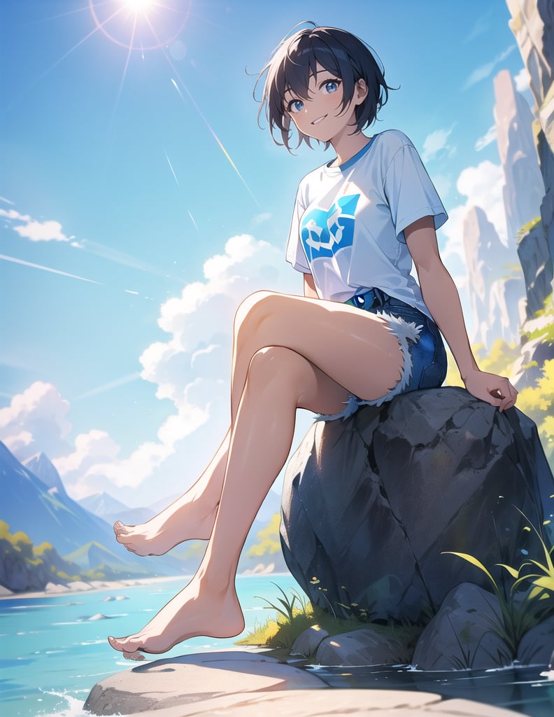 Masterpiece, Top Quality, High Definition, Artistic Composition,1 girl, smiling, soles of feet, t-shirt, jean shorts, sitting on stone, mountains, river, blue sky, from below, short hair, tanned, blue sky, bold composition