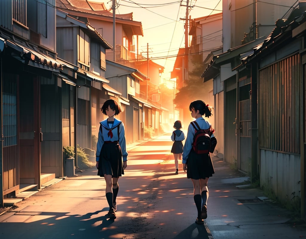 Masterpiece, top quality, high definition, artistic composition, anime, 1960s Japan, downtown, sunset, dirt road, wooden telegraph pole, empty lot, little girls talking and walking, leaving school, school road, shadow extending on ground, bold composition, everyday life, striking light, Showa era landscape