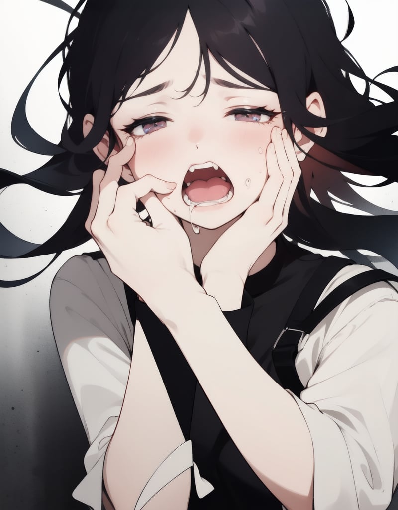 (Masterpiece, Top Quality), High Definition, Artistic Composition, 1 Woman, crying, hand covering face, tears, screaming, black hair, long hair, hair disheveled, dramatic, somber attire, dark background, face down