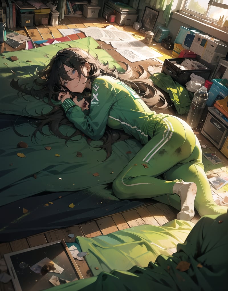 Masterpiece, Top quality, High definition, Artistic composition,1 girl, lying on the floor, on top, green jersey, hair disheveled, sleepy, dirty room, dirty room, messy room, lived in, dark room,breakdomain