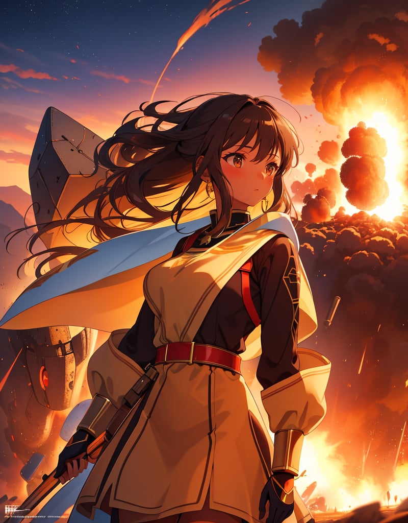 (masterpiece, top quality), high definition, artistic composition, 1 girl, brown skinned girl, dusky colored folk costume, looking away, battlefield, explosion behind, huge brown super robot fighting, bold composition,girl