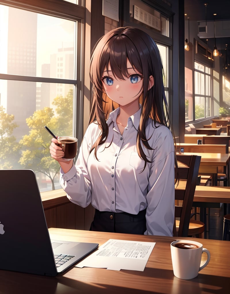 (masterpiece, top quality), high definition, artistic composition, one girl, coffee shop, drinking coffee in a cup at a table, looking away, operating a laptop, at work, concentrating, cutter shirt,