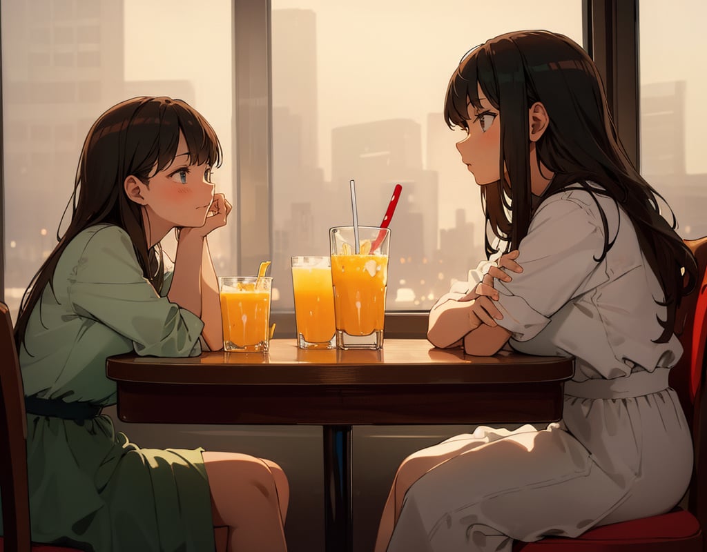 (masterpiece, top quality), high definition, artistic composition, 2 women, girl sitting leaning back in chair tired, hamburger store, girl smiling, elbows on table, juice in glass on table, from side, portrait, close friends, looking away, large gesture