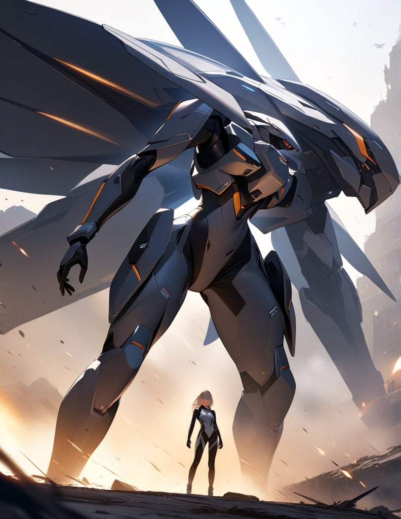 (masterpiece, top quality), high definition, artistic composition, 1 girl, standing, expressionless, futuristic battle suit, body suit, giant insect shaped robot, sci-fi, impressive light, battlefield