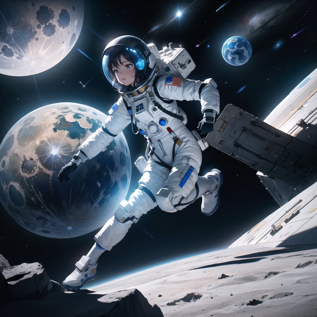 Masterpiece, top quality, high definition, artistic composition,1 girl, space suit, jumping on the moon, blue earth in the background, photo, striking light, artistic composition, dark space, crater, realistic, helmet