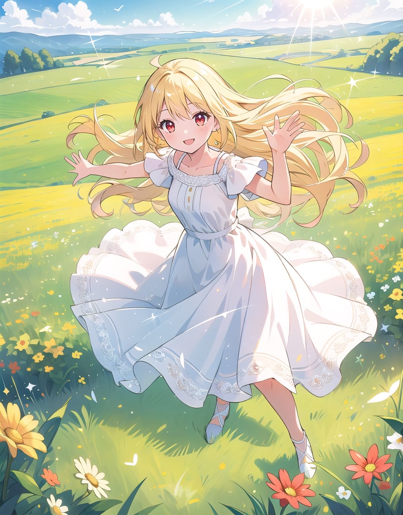 (masterpiece, top quality), high definition, artistic composition, 1 girl, flying pose, cheerful, meadow, composition from above, smiling, blonde hair, sparkling, white dress, healthy, impressive light, wind blowing, red eyes, divine