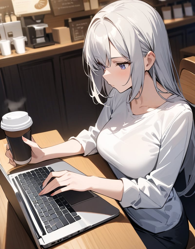 (masterpiece, top quality), high definition, artistic composition, one girl, coffee shop, drinking coffee in a cup at a table, looking away, operating a laptop, at work, concentrating, cutter shirt,