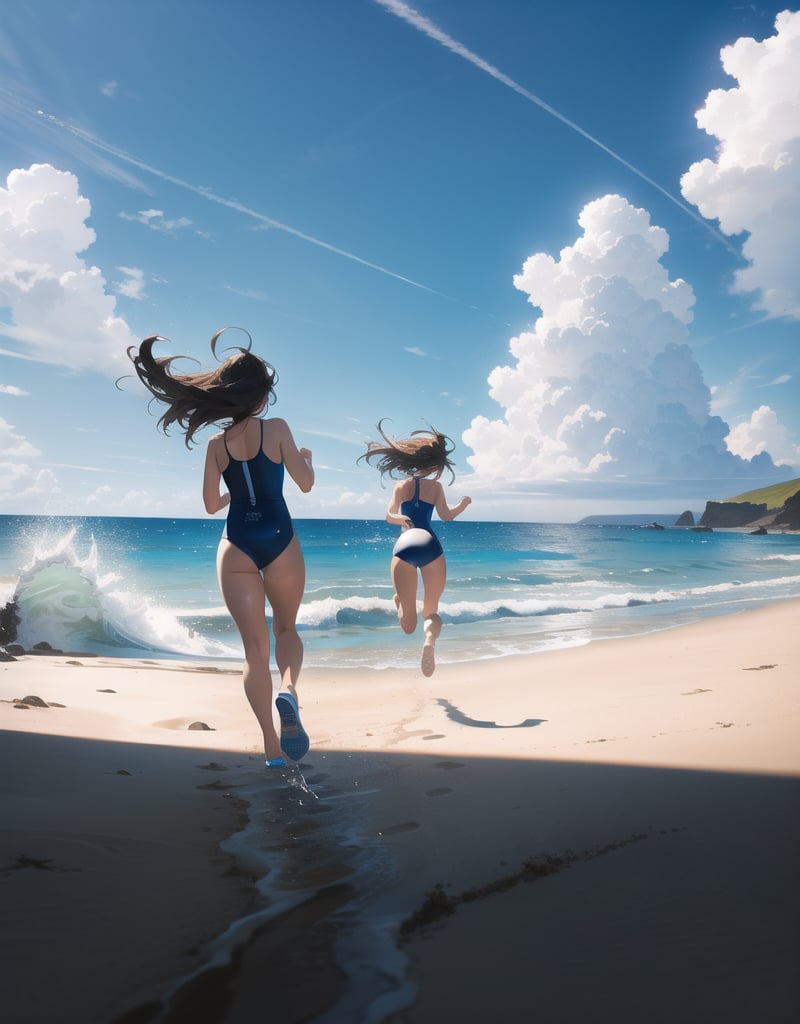 Masterpiece, Top Quality, High Definition, Artistic Composition,3 girl, cute swimsuit, running on beach toward ocean, ocean, sandy beach, from behind, from below, backlit, blue sky, frolicking, bold composition, dirt bouncing underfoot, wide shot, lively, high contrast