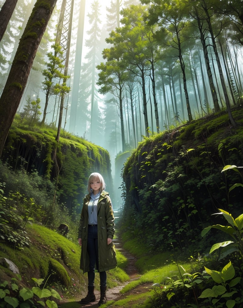 masterpiece, top quality, high definition, artistic composition, animation, deep mossy forest, 1 woman, researcher, investigating, in forest, open-mouthed, surprised, Chernobyl, ruins of nuclear power plant covered with vegetation, striking light, perspective, looking away,girl