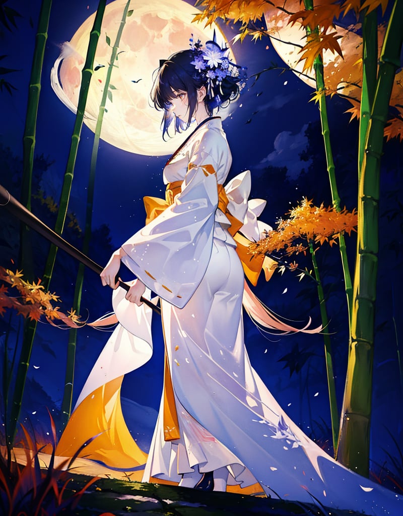 (Masterpiece, Top Quality), High Definition, Artistic Composition, 1 girl, Animation, white kimono, standing, from below, quiet, big moon, autumn night, bamboo forest, striking light, dramatic, low saturation