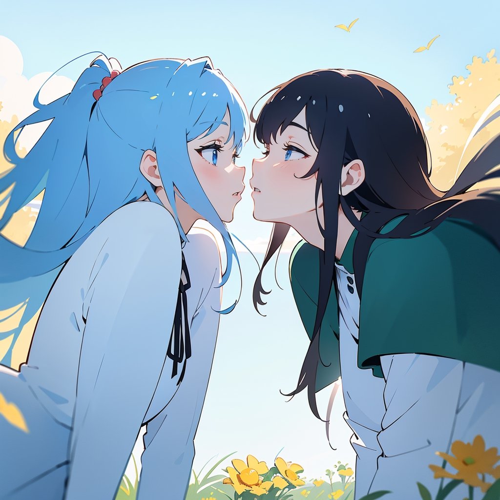 Masterpiece, best quality, high definition, artistic composition, two girls, friend, kiss on cheek, surprised, from side, park, blue sky, from below, grateful