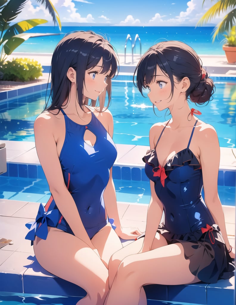 Masterpiece, Top quality, High definition, Artistic composition, 2 girls, smiling, talking, girlish gestures, sitting by the pool, looking away, navy blue swimsuit, looking happy, bold composition