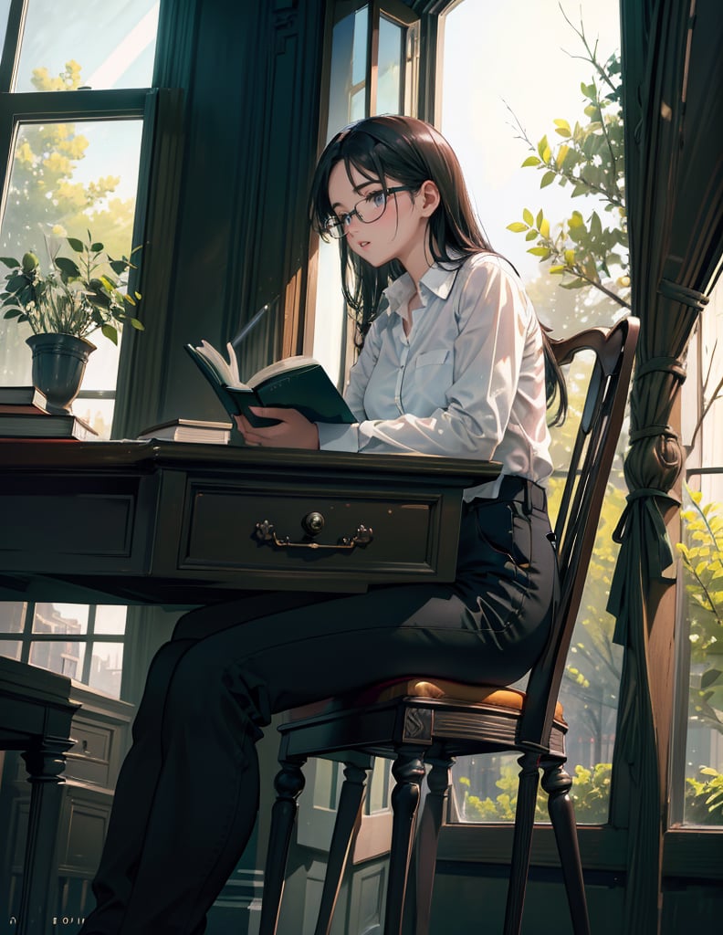 Masterpiece, Top Quality, High Definition, Artistic Composition, One Woman, Black Rimmed Glasses, Dark Hair, Ennui, Sitting, Desk, Reading Hardcover Book, Intellectual, Calm, White Shirt, Black Pants, Library, Window Seat, Cold Light, Tree Green, From Side, Morning, Bust Shot