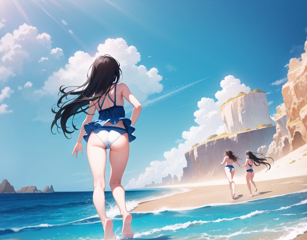 Masterpiece, Top Quality, High Definition, Artistic Composition,3 girl, cute swimsuit, running on beach toward ocean, ocean, sandy beach, from behind, from below, backlit, blue sky, frolicking, bold composition, dirt bouncing underfoot, wide shot, lively, high contrast