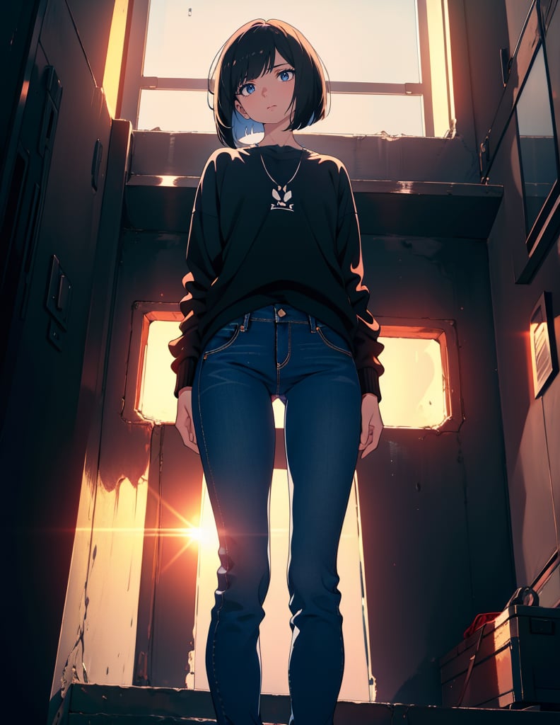 (masterpiece, highest quality), high definition, artistic composition, 1 woman, standing, expressionless, arms crossed, looking down, backlit, looking down, from below, trainers, jeans, bob cut, dramatic