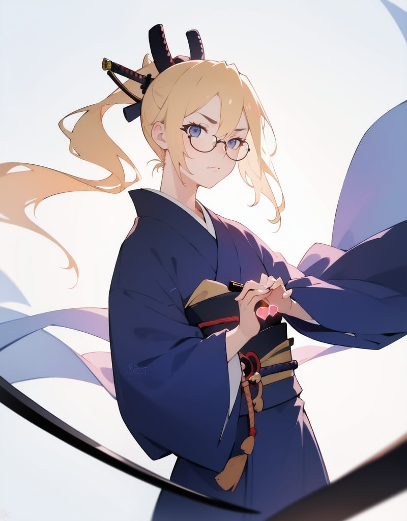 (Masterpiece, Top Quality), High Definition, Artistic Composition, 1 Girl, Animation, Blonde Hair, Inverted Ponytail, Samurai, Indigo Dyed Kimono, Japanese Sword, Serious Face, Glasses, Make a Heart with Own Hands, Crowded, Night City, Impressive Light, High Contrast