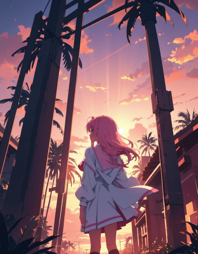 (masterpiece, top quality), high definition, artistic composition, 1 girl, 15 years old, pink magical girl, from behind, palms together in front of chest, looking away, from behind, back visible, sunset, backlit, dirty, tired, suspicious sky color