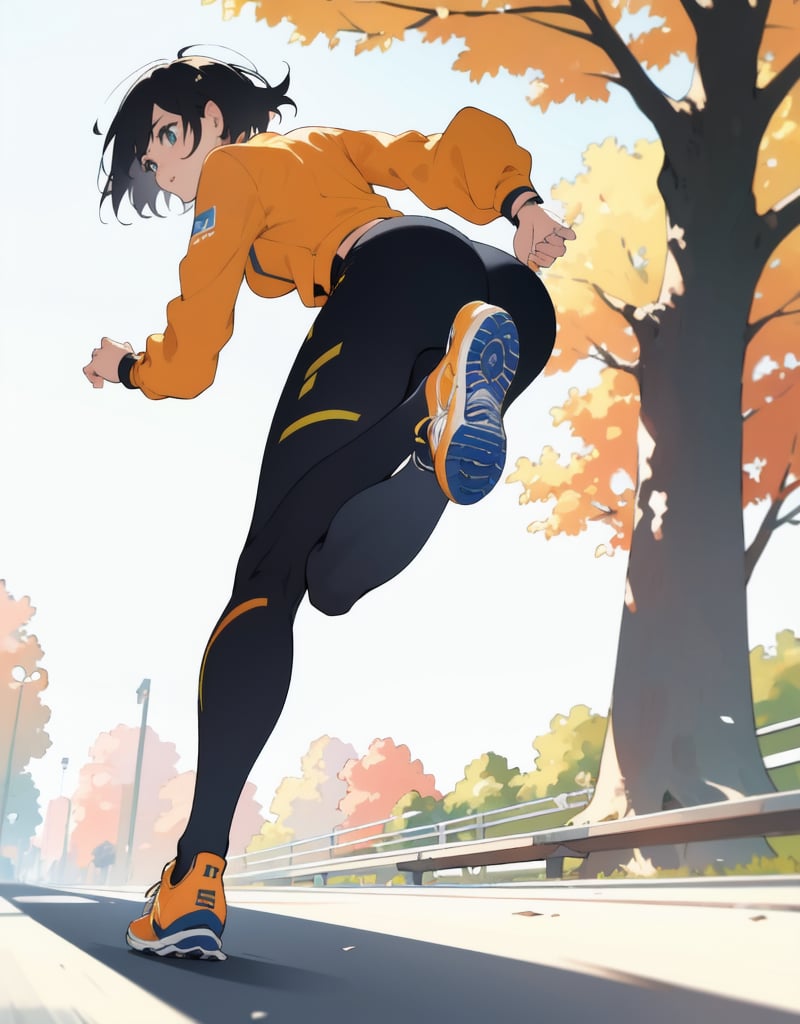 (masterpiece, top quality), high definition, artistic composition, 1 woman, running clothes, running shoes, running a marathon, running, short hair, looking away, tree-lined street, fall, from below, emphasis on feet, bold composition, sense of speed, Dutch angle, motion blur, lively, perspective