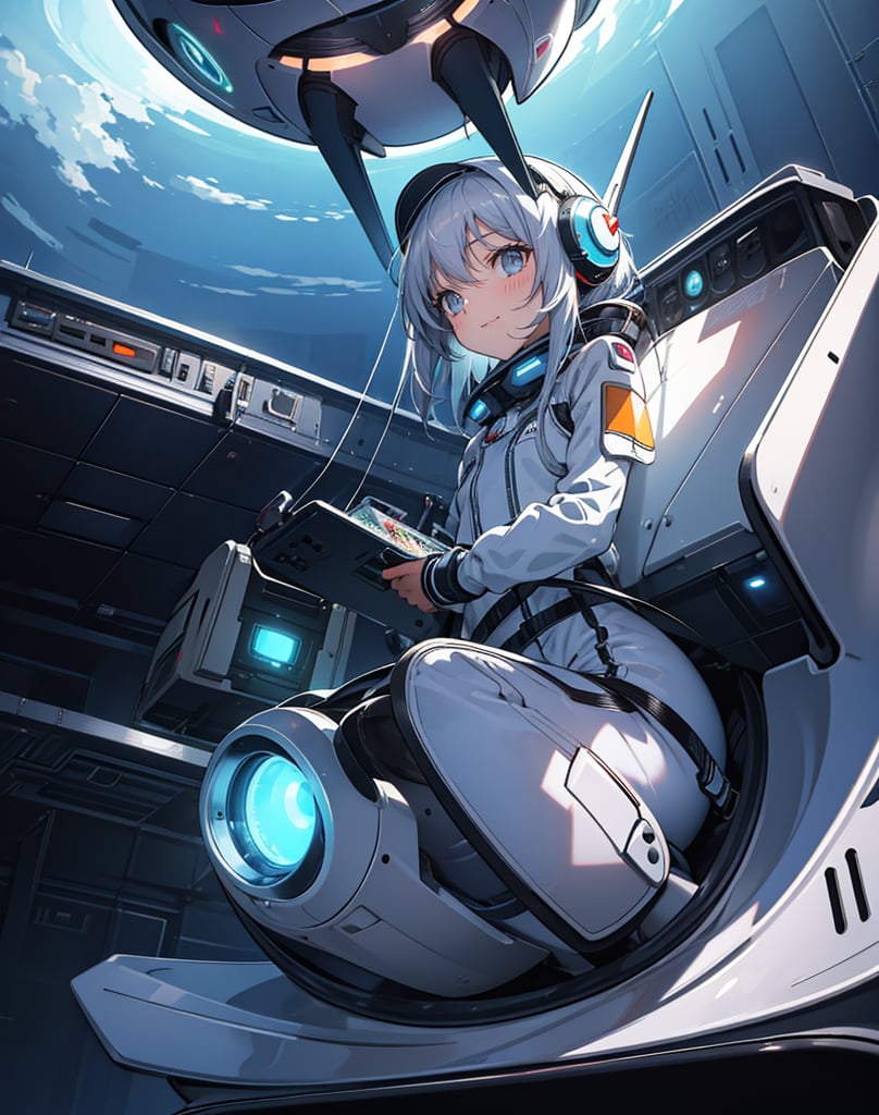 Masterpiece, Top Quality, High Definition, Artistic Composition,1 girl, silver pilot suit, on small saucer shaped UFO, smiling, looking away, retro-futuristic, cartoon, flying, from below, backlit, wide shot, glowing UFO