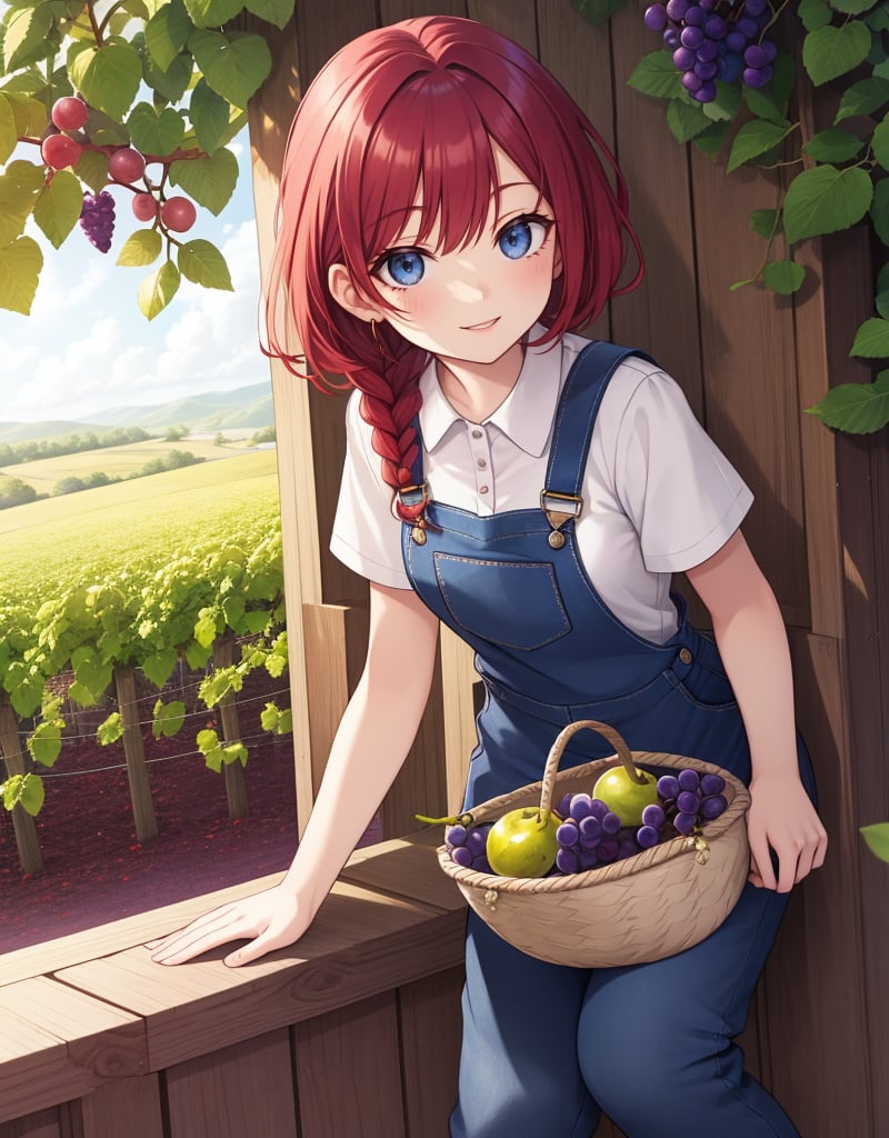 ((masterpiece, top quality), high definition, artistic composition, 1 woman, vineyard, stooping, overalls, apron, woven basket, red hair, braids, blue eyes, smiling, striking light, freckles, dramatic, grape cluster