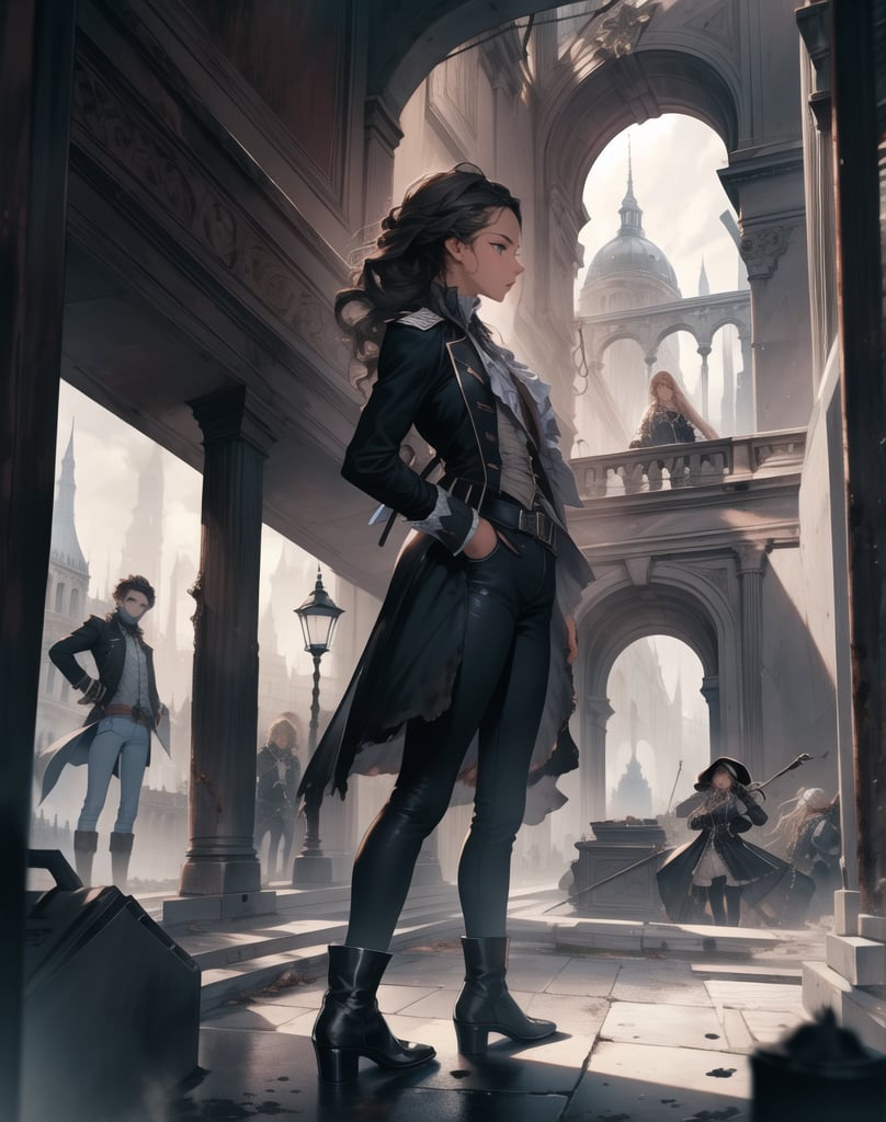 Masterpiece, Top quality, High definition, Artistic composition,1 girl, city girl, standing, stunned, looking away, dirty clothes, Parisians storm the Bastille jail, 1789, Bastille jail is destroyed, dramatic, bold composition, dramatic