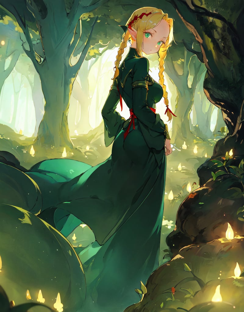 (masterpiece, top quality), high definition, artistic composition, 1 female, elf, blonde hair, braids, red ribbon, big eyes, skin tight dark green dress, slender, looking back, mysterious cave glowing pale, fantasy