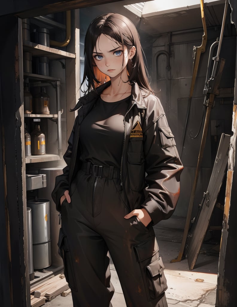 (masterpiece, top quality), high definition, artistic composition, 1 woman, jumpsuit, holding large open end spanner with both hands, serious face, from front, dark factory, dramatic, oil stained clothing and face