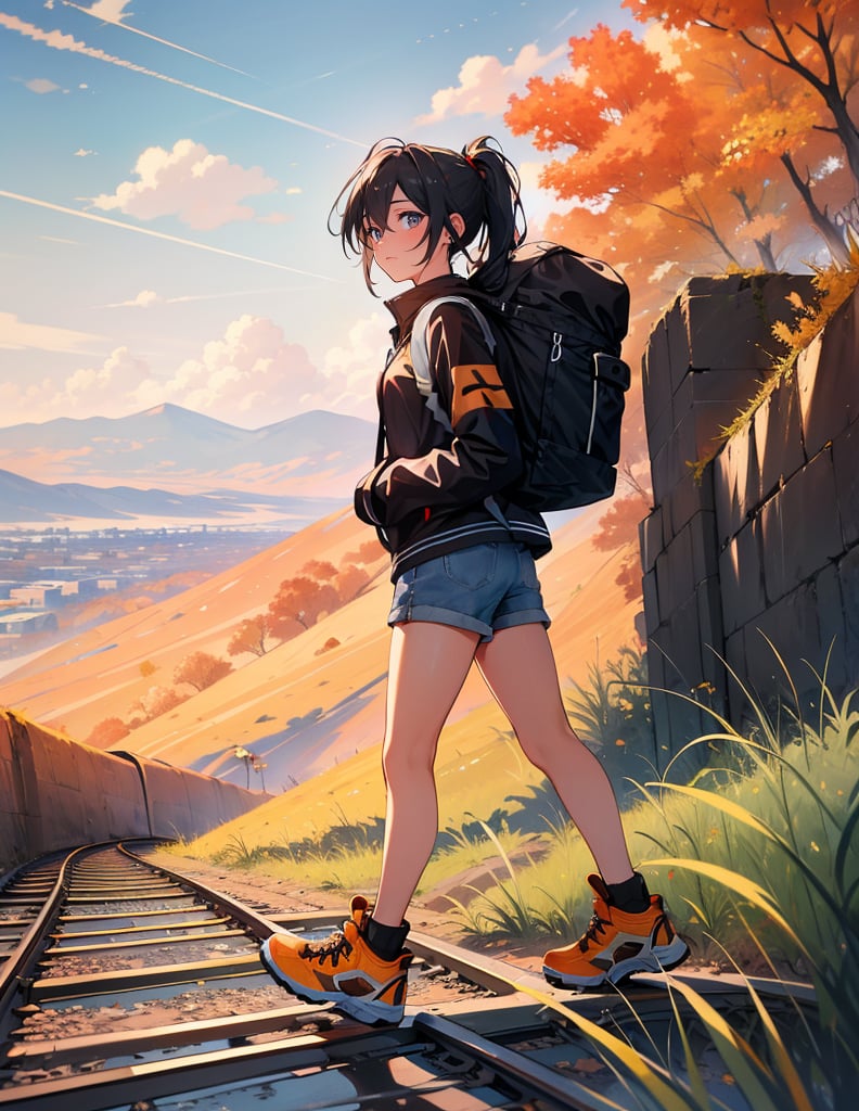 (masterpiece, top quality), high definition, artistic composition, one girl, jersey, shorts, trekking shoes, backpack on her back, walking on railroad tracks, hill, uphill, from front, long stretch of tracks, beautiful nature, cityscape in distance, autumn, bold composition