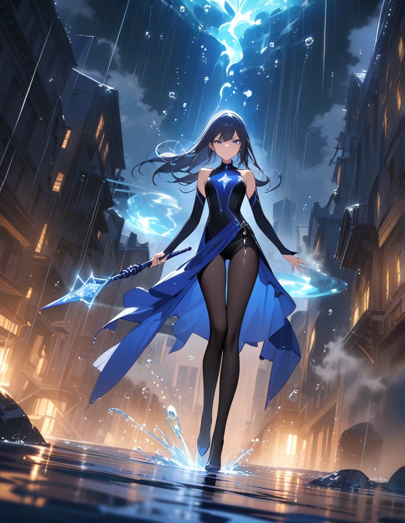 (Masterpiece, Top Quality), High Definition, Artistic Composition, 1 Woman, Blue Wizard, Slender Costume, Cool Magic Wand, Glowing, Serious Face, Standing on Feet, Standing on Toes, Ruined Building District, Water Gushing Out, Water Drops and Light Dancing, Manipulating Water, In Battle, Heavy Rain, Water Smoke, Water Dragon