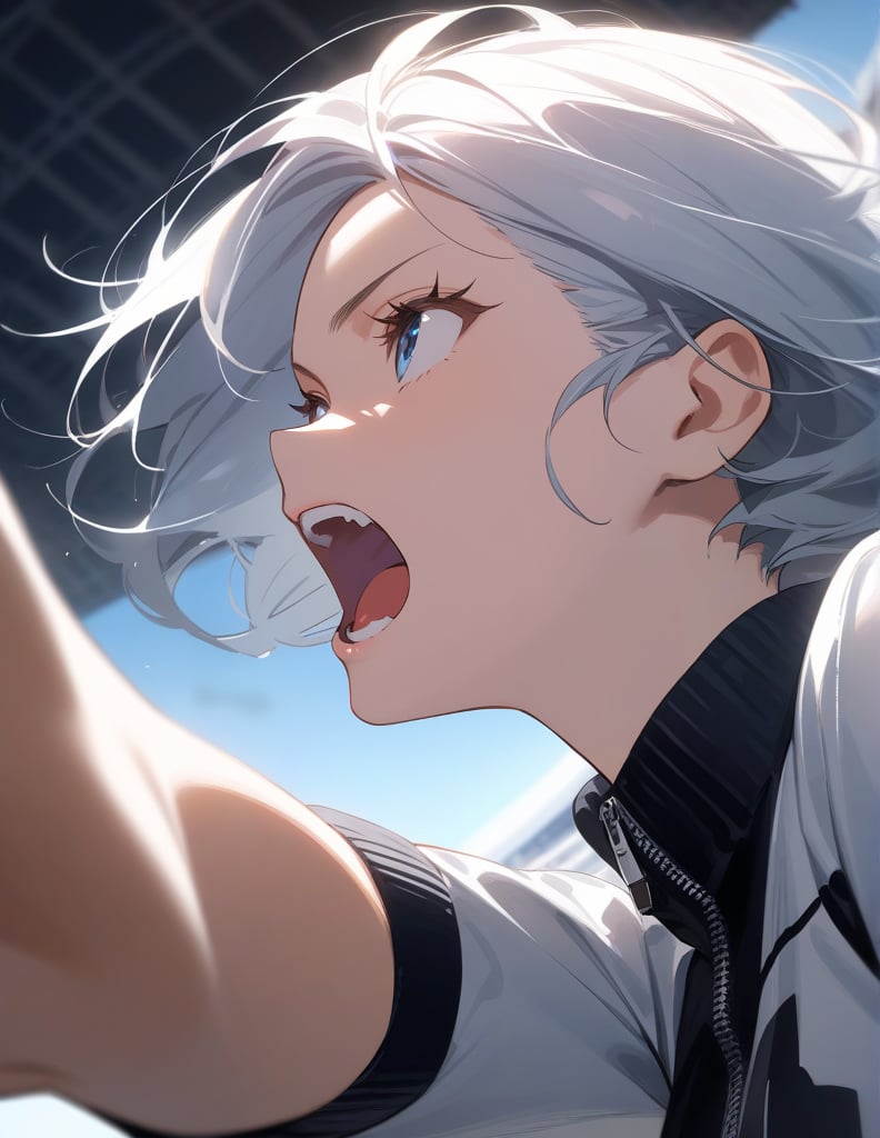 (masterpiece, top quality), high definition, artistic composition, 1 girl, athlete fashion, reaching forward, short hair, from side, screaming, close-up of face, from below, looking away, stadium, dynamic, dramatic,, Pointing