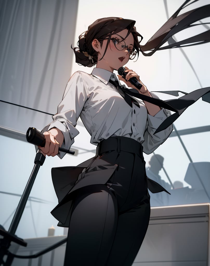 (masterpiece, top quality), high definition, artistic composition, 1 woman, dark hair, hair tied back, glasses, shouting, speaking on podium, microphone and microphone stand, illuminated light, striking light, dramatic, white shirt, black tie, black pants, from below, bold composition, powerful, lectern