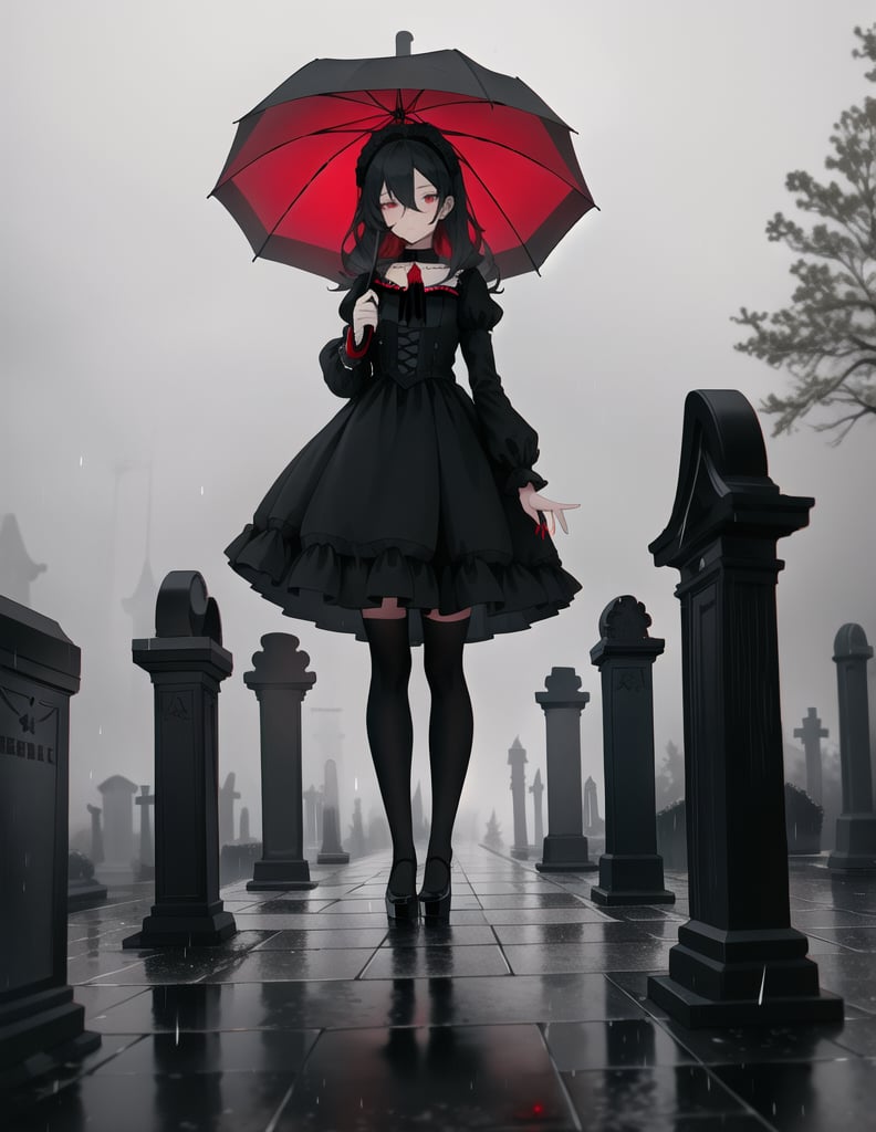 Masterpiece, Top Quality, High Definition, Artistic Composition,1 girl, umbrella, standing, gothic lolita, dark face, raining, smoking in the rain, dark graveyard, striking, from front, wide shot, eerie atmosphere, red choker, dark sky,girl