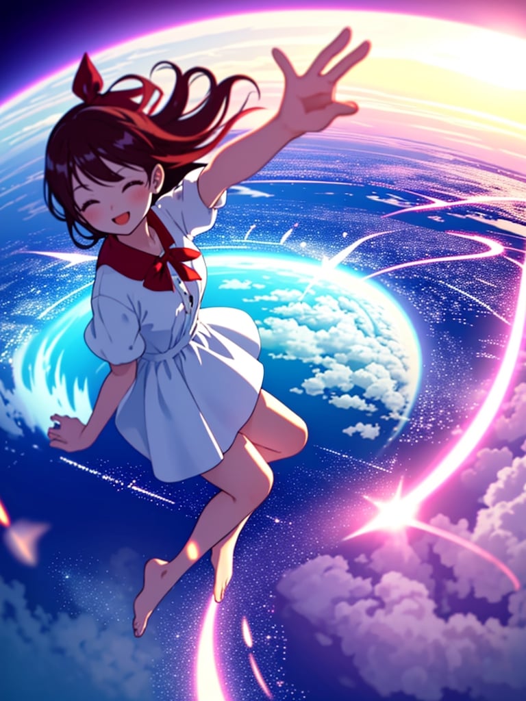 Masterpiece, Top Quality, 1 girl, flying, eyes closed, open mouth smiling, magic circle, white dress, hand out, barefoot, beautiful nature, retro cityscape, fisheye lens, high definition, artistic composition, composition from above, emphasis on legs, full body, action pose, big red ribbon, blurred distant view, motion blur,<lora:659111690174031528:1.0>