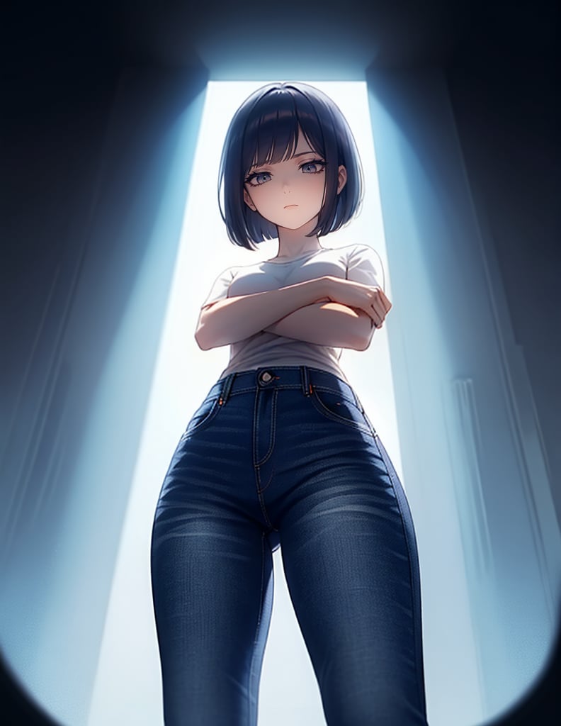 (masterpiece, highest quality), high definition, artistic composition, 1 woman, standing, expressionless, arms crossed, looking down, backlit, looking down, from below, trainers, jeans, bob cut, dramatic