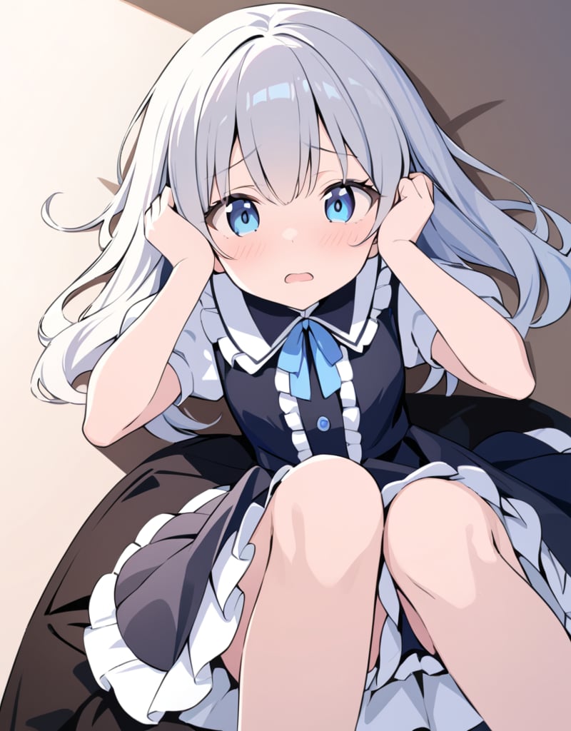 (Masterpiece, Top Quality), High Definition, Artistic Composition, 1 girl, 10 years old, younger sister, prone, troubled, mouth agape, gaze down, composition from above, hands in front of chest, blushing, pretty clothes, frilly skirt, hands on head, being patted, looking away