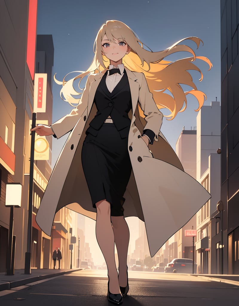 (Masterpiece, Top Quality), High Definition, Artistic Composition, 1 Woman, squinting, smiling, frolicking, feminine action pose, black business suit, tight skirt, white shirt, black tie, wearing hair, looking away, night town, downtown, striking light, dramatic, night Date, Beige coat, Stylish, Wide shot, Lover